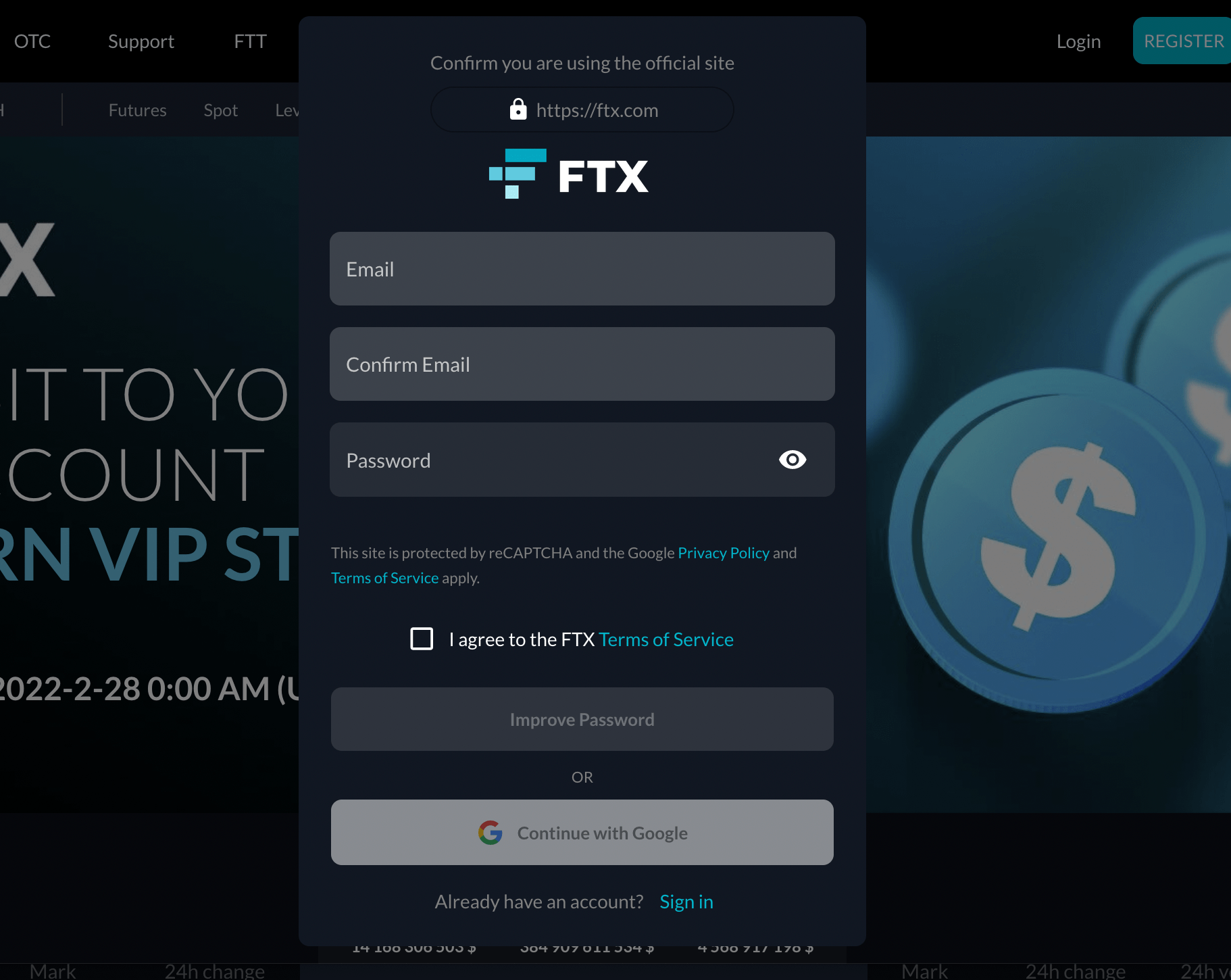 Opening an account on the FTX exchange