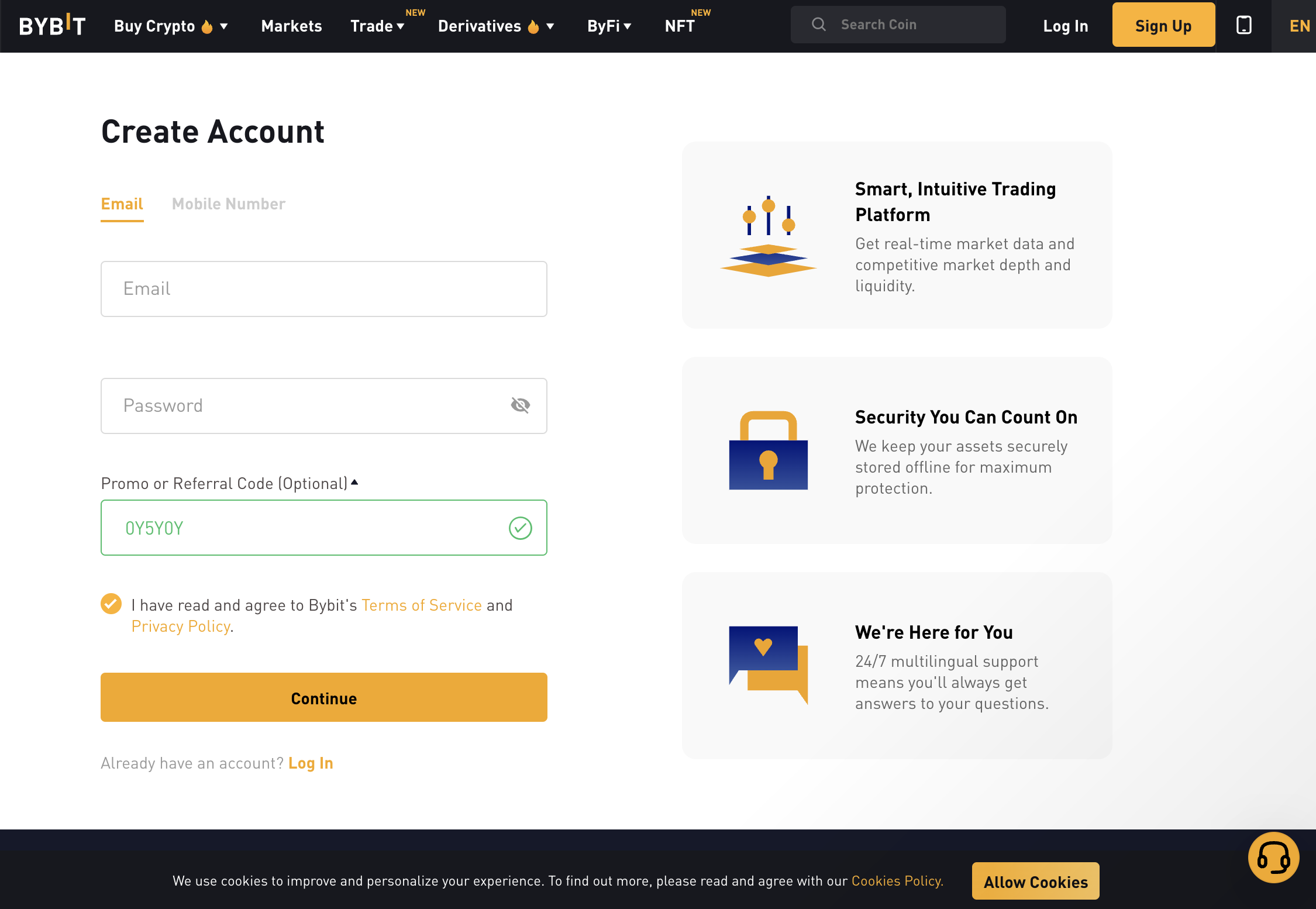 Open an account on the Bybit exchange