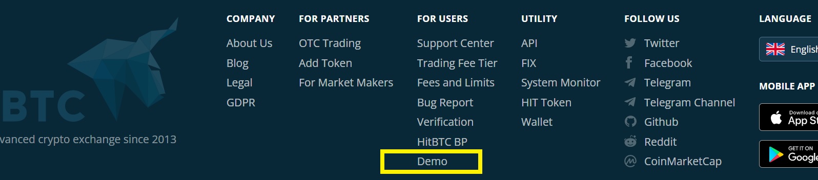 Demo account on HitBTC