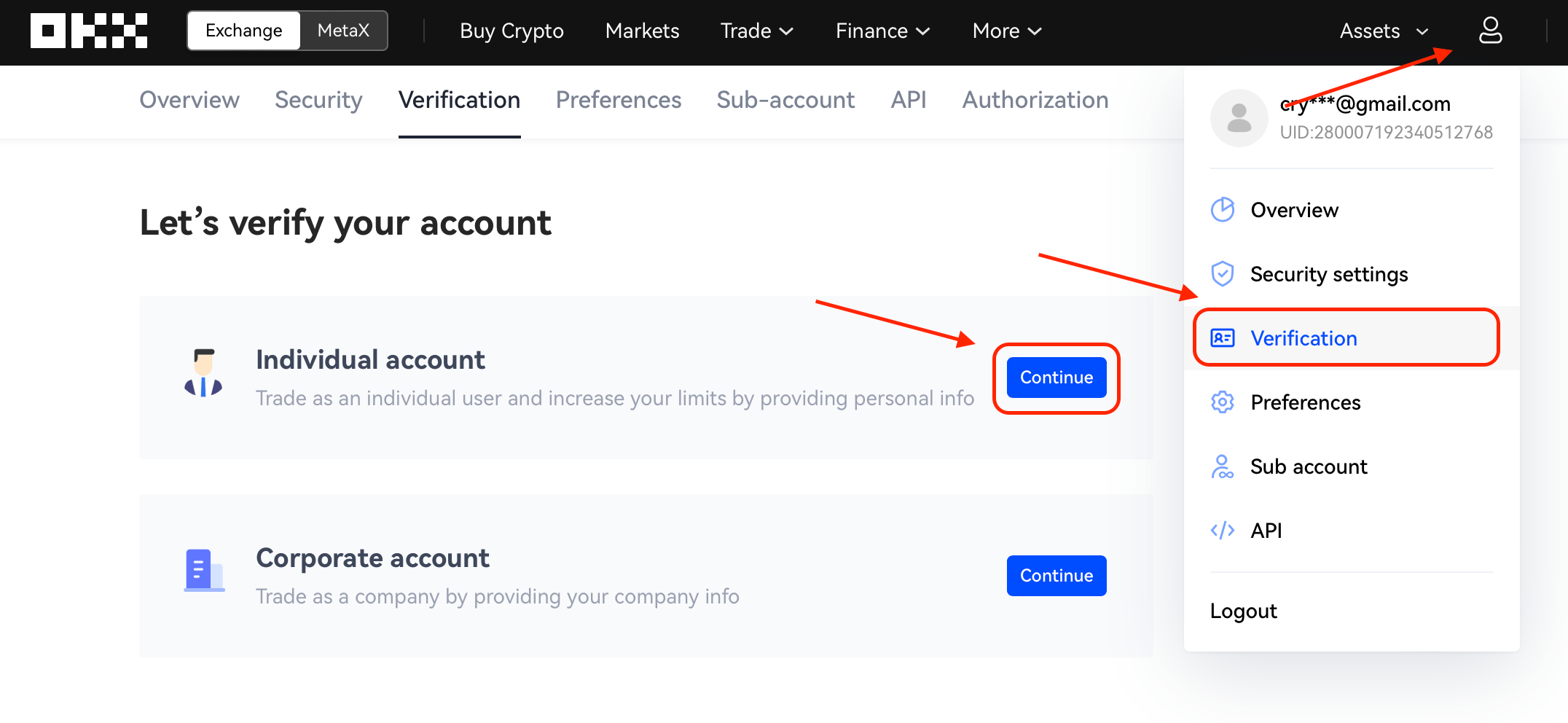 Account verification on the OKX exchange